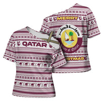 Qatar Christmas Cross Shoulder Shirt with Maroon-White Pattern, National Emblem, and Camel Motif - Wonder Print Shop