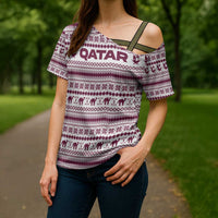 Qatar Christmas Cross Shoulder Shirt with Maroon-White Pattern, National Emblem, and Camel Motif - Wonder Print Shop