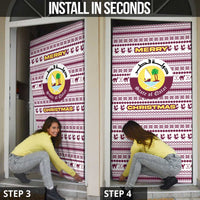 Qatar Christmas Door Cover with Maroon-White Pattern, National Emblem, and Camel Motif - Wonder Print Shop