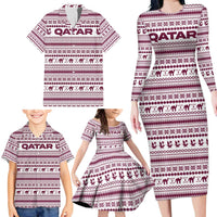 Qatar Christmas Family Matching Long Sleeve Bodycon Dress and Hawaiian Shirt with Maroon-White Pattern, National Emblem, and Camel Motif - Wonder Print Shop
