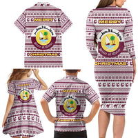 Qatar Christmas Family Matching Long Sleeve Bodycon Dress and Hawaiian Shirt with Maroon-White Pattern, National Emblem, and Camel Motif - Wonder Print Shop