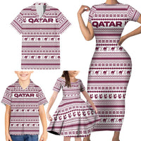 Qatar Christmas Family Matching Short Sleeve Bodycon Dress and Hawaiian Shirt with Maroon-White Pattern, National Emblem, and Camel Motif - Wonder Print Shop