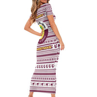 Qatar Christmas Family Matching Short Sleeve Bodycon Dress and Hawaiian Shirt with Maroon-White Pattern, National Emblem, and Camel Motif - Wonder Print Shop