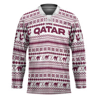 Qatar Christmas Hockey Jersey with Maroon-White Pattern, National Emblem, and Camel Motif - Wonder Print Shop