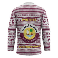 Qatar Christmas Hockey Jersey with Maroon-White Pattern, National Emblem, and Camel Motif - Wonder Print Shop