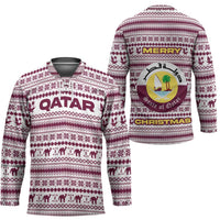 Qatar Christmas Hockey Jersey with Maroon-White Pattern, National Emblem, and Camel Motif - Wonder Print Shop