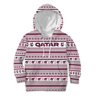 Qatar Christmas Kid Hoodie with Maroon-White Pattern, National Emblem, and Camel Motif - Wonder Print Shop