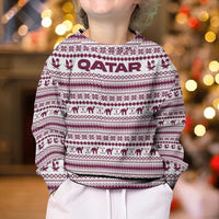 Qatar Christmas Kid Ugly Christmas Sweater with Maroon-White Pattern, National Emblem, and Camel Motif - Wonder Print Shop