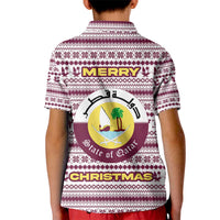 Qatar Christmas Kid Polo Shirt with Maroon-White Pattern, National Emblem, and Camel Motif - Wonder Print Shop