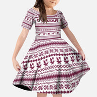 Qatar Christmas Kid Short Sleeve Dress with Maroon-White Pattern, National Emblem, and Camel Motif - Wonder Print Shop