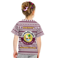 Qatar Christmas Kid T Shirt with Maroon-White Pattern, National Emblem, and Camel Motif - Wonder Print Shop