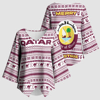 Qatar Christmas Kimono Sleeve Blouse with Maroon-White Pattern, National Emblem, and Camel Motif - Wonder Print Shop