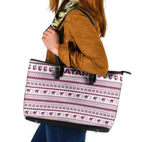 Qatar Christmas Leather Tote Bag with Maroon-White Pattern, National Emblem, and Camel Motif - Wonder Print Shop