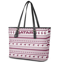 Qatar Christmas Leather Tote Bag with Maroon-White Pattern, National Emblem, and Camel Motif - Wonder Print Shop