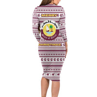 Qatar Christmas Long Sleeve Bodycon Dress with Maroon-White Pattern, National Emblem, and Camel Motif - Wonder Print Shop