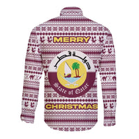 Qatar Christmas Long Sleeve Button Shirt with Maroon-White Pattern, National Emblem, and Camel Motif - Wonder Print Shop