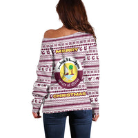 Qatar Christmas Off Shoulder Sweater with Maroon-White Pattern, National Emblem, and Camel Motif - Wonder Print Shop