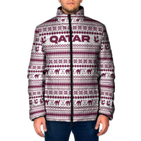 Qatar Christmas Padded Jacket with Maroon-White Pattern, National Emblem, and Camel Motif - Wonder Print Shop