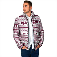 Qatar Christmas Padded Jacket with Maroon-White Pattern, National Emblem, and Camel Motif - Wonder Print Shop
