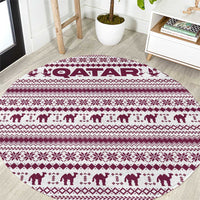 Qatar Christmas Round Carpet with Maroon-White Pattern, National Emblem, and Camel Motif - Wonder Print Shop