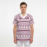 Qatar Christmas Scrub Top with Maroon-White Pattern, National Emblem, and Camel Motif - Wonder Print Shop