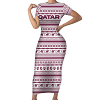 Qatar Christmas Short Sleeve Bodycon Dress with Maroon-White Pattern, National Emblem, and Camel Motif - Wonder Print Shop