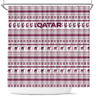 Qatar Christmas Shower Curtain with Maroon-White Pattern, National Emblem, and Camel Motif - Wonder Print Shop
