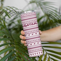 Qatar Christmas Skinny Tumbler with Maroon-White Pattern, National Emblem, and Camel Motif - Wonder Print Shop
