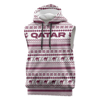 Qatar Christmas Sleeveless Hoodie with Maroon-White Pattern, National Emblem, and Camel Motif - Wonder Print Shop