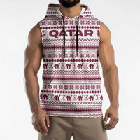 Qatar Christmas Sleeveless Hoodie with Maroon-White Pattern, National Emblem, and Camel Motif - Wonder Print Shop