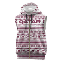 Qatar Christmas Sleeveless Zip Hoodie with Maroon-White Pattern, National Emblem, and Camel Motif - Wonder Print Shop