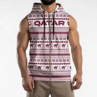 Qatar Christmas Sleeveless Zip Hoodie with Maroon-White Pattern, National Emblem, and Camel Motif - Wonder Print Shop
