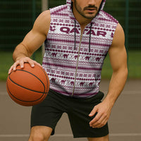 Qatar Christmas Sleeveless Zip Hoodie with Maroon-White Pattern, National Emblem, and Camel Motif - Wonder Print Shop