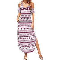 Qatar Christmas Summer Maxi Dress with Maroon-White Pattern, National Emblem, and Camel Motif - Wonder Print Shop