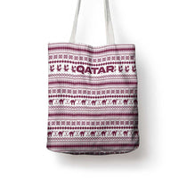 Qatar Christmas Tote Bag with Maroon-White Pattern, National Emblem, and Camel Motif - Wonder Print Shop