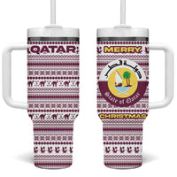 Qatar Christmas Tumbler With Handle with Maroon-White Pattern, National Emblem, and Camel Motif - Wonder Print Shop