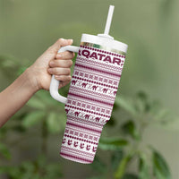 Qatar Christmas Tumbler With Handle with Maroon-White Pattern, National Emblem, and Camel Motif - Wonder Print Shop