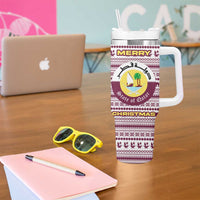 Qatar Christmas Tumbler With Handle with Maroon-White Pattern, National Emblem, and Camel Motif - Wonder Print Shop