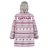 Qatar Christmas Wearable Blanket Hoodie with Maroon-White Pattern, National Emblem, and Camel Motif - Wonder Print Shop