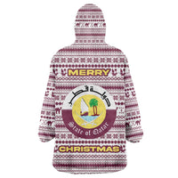 Qatar Christmas Wearable Blanket Hoodie with Maroon-White Pattern, National Emblem, and Camel Motif - Wonder Print Shop