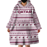 Qatar Christmas Wearable Blanket Hoodie with Maroon-White Pattern, National Emblem, and Camel Motif - Wonder Print Shop