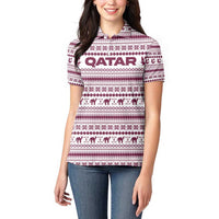 Qatar Christmas Women Polo Shirt with Maroon-White Pattern, National Emblem, and Camel Motif - Wonder Print Shop