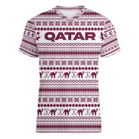 Qatar Christmas Women V-Neck T-Shirt with Maroon-White Pattern, National Emblem, and Camel Motif - Wonder Print Shop