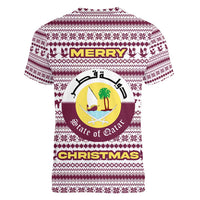 Qatar Christmas Women V-Neck T-Shirt with Maroon-White Pattern, National Emblem, and Camel Motif - Wonder Print Shop