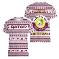 Qatar Christmas Women V-Neck T-Shirt with Maroon-White Pattern, National Emblem, and Camel Motif - Wonder Print Shop