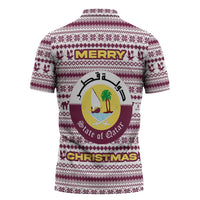 Qatar Christmas Zipper Polo Shirt with Maroon-White Pattern, National Emblem, and Camel Motif - Wonder Print Shop