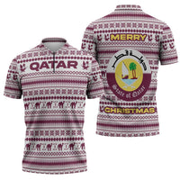 Qatar Christmas Zipper Polo Shirt with Maroon-White Pattern, National Emblem, and Camel Motif - Wonder Print Shop
