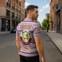 Qatar Christmas Zipper Polo Shirt with Maroon-White Pattern, National Emblem, and Camel Motif - Wonder Print Shop