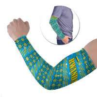 Rwanda Christmas Arm Sleeves with Blue-Yellow Pattern, Festive Geometric Motifs, and Bold Typography - Wonder Print Shop