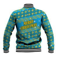 Rwanda Christmas Baseball Jacket with Blue-Yellow Pattern, Festive Geometric Motifs, and Bold Typography - Wonder Print Shop